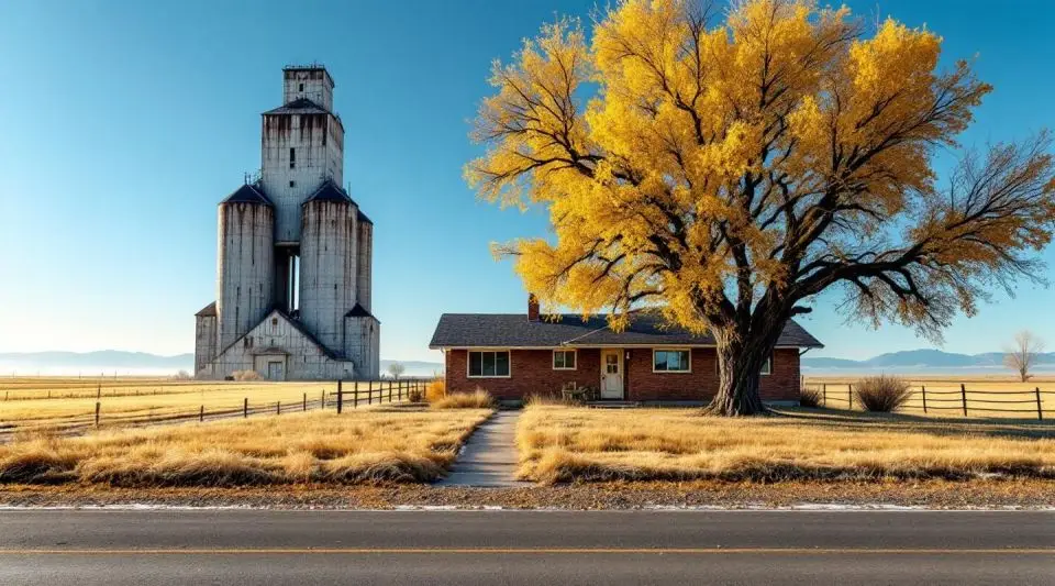 A professional service van parked along a quiet residential street in Kersey, CO, with the sunset reflecting off the nearby grain elevators and open fields.
