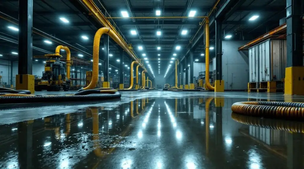 Wide shot of a flooded industrial facility undergoing professional water extraction and drying