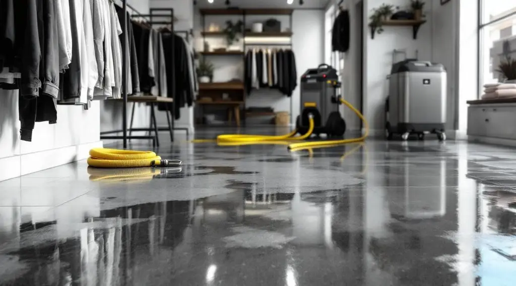 Commercial water damage restoration equipment inside a flooded retail store.