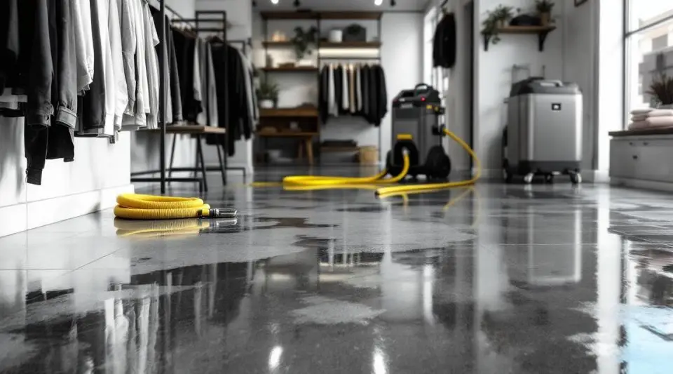 Commercial water damage restoration equipment inside a flooded retail store.