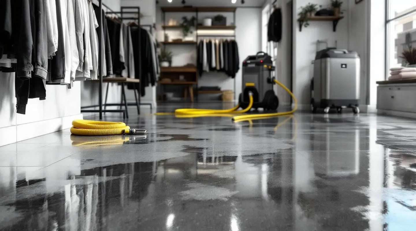 Commercial water damage restoration equipment inside a flooded retail store.