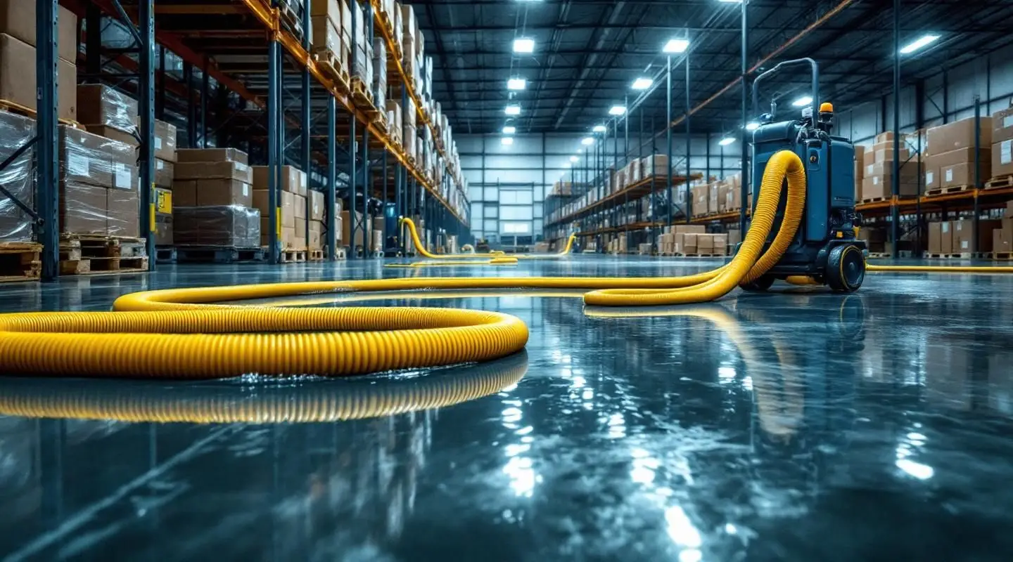 Professional restoration team using industrial extractors to remove standing water from a Greeley warehouse to ensure rapid commercial recovery.