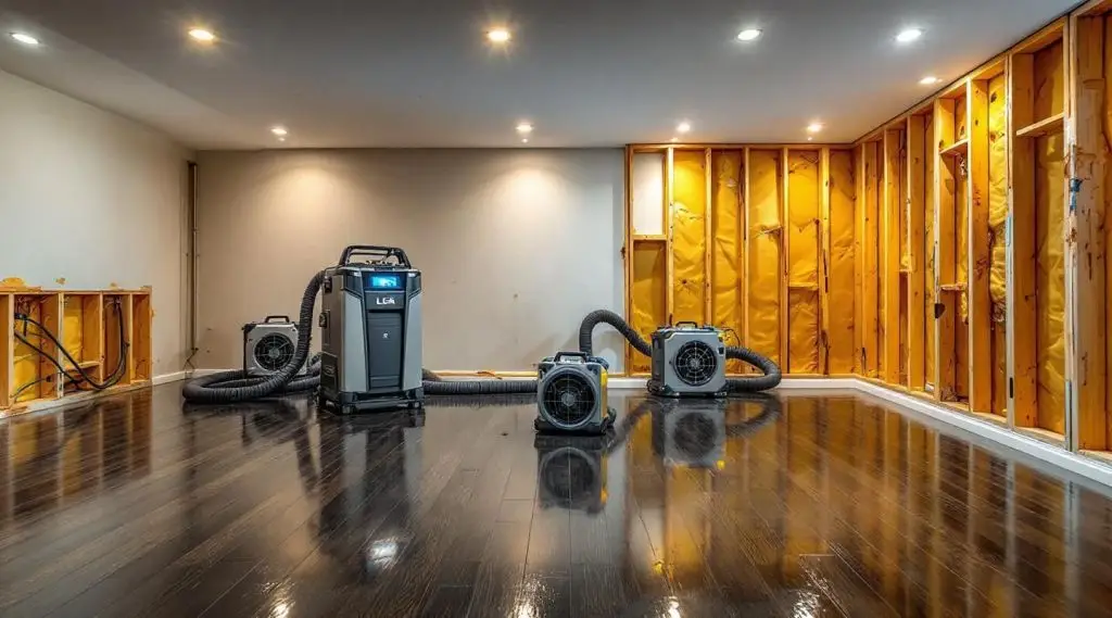 Specialized water extraction and drying equipment inside a flooded home.
