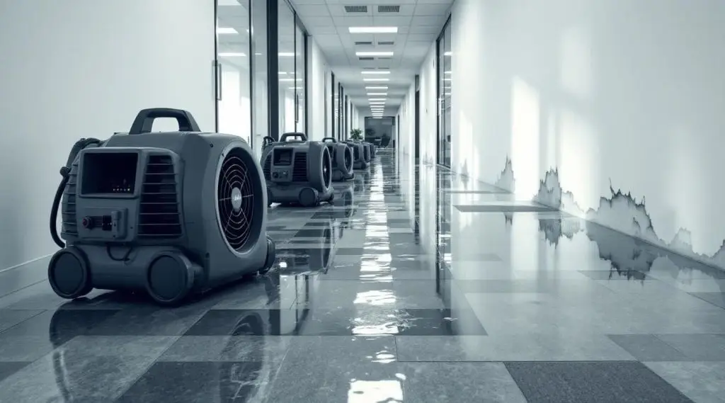 Professional restoration technicians using industrial water extraction equipment in a flooded Greeley office lobby.