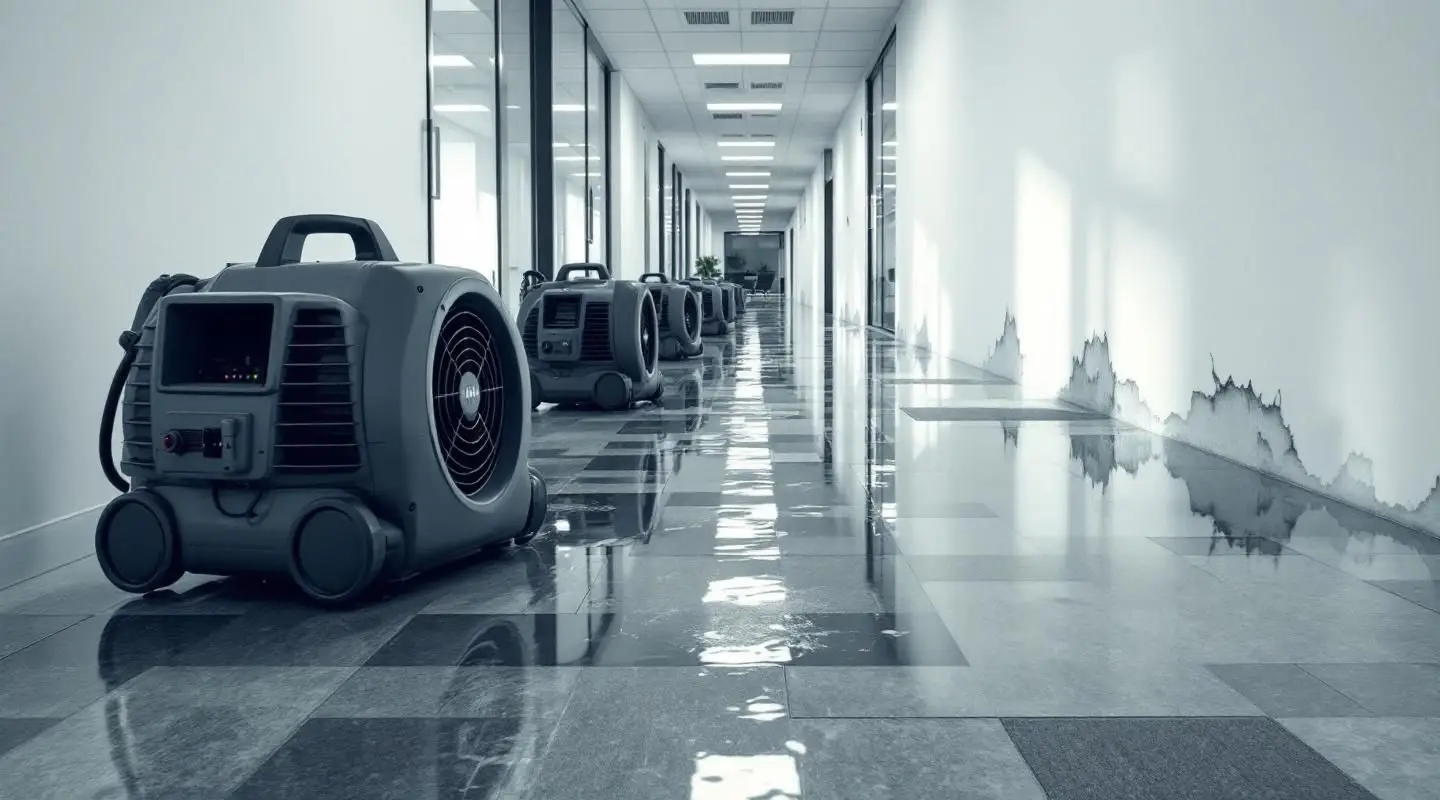 Professional restoration technicians using industrial water extraction equipment in a flooded Greeley office lobby.