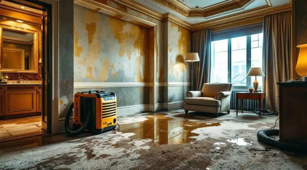 Wide view of a luxury hotel hallway undergoing professional water damage restoration