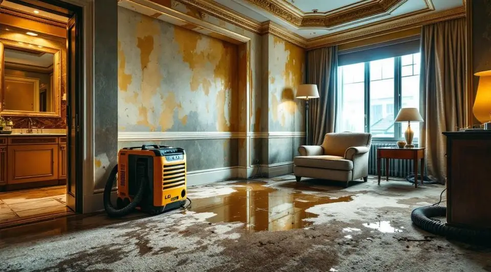 Wide view of a luxury hotel hallway undergoing professional water damage restoration